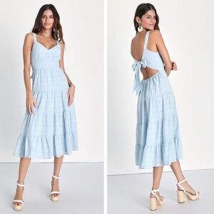 NWT Lulus Freest Feelings Light Blue Plaid Tiered Tie-Back Midi Dress, Small